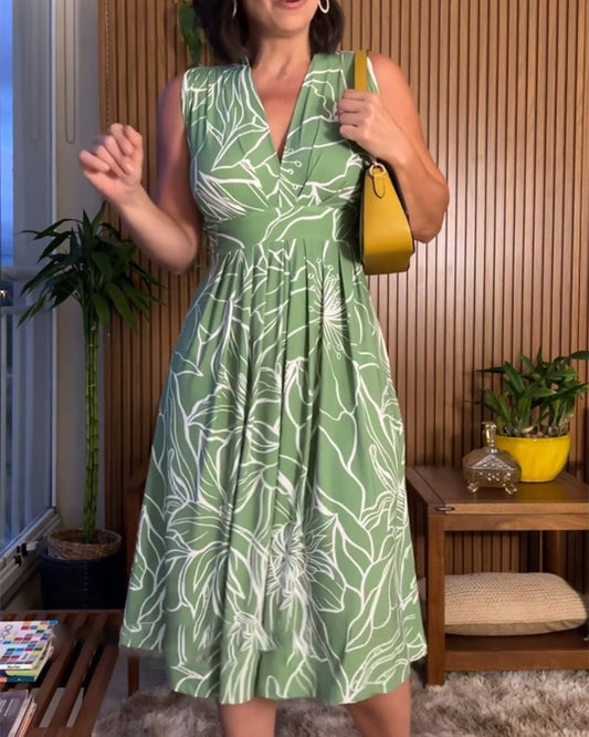 👗 50% DE RÉDUCTION! 🔥 Robe sans manches col en V taille resserrée – Coupe flatteuse, tissu fluide & élégante – Parfaite pour les soirées ou les journées estivales 🌸