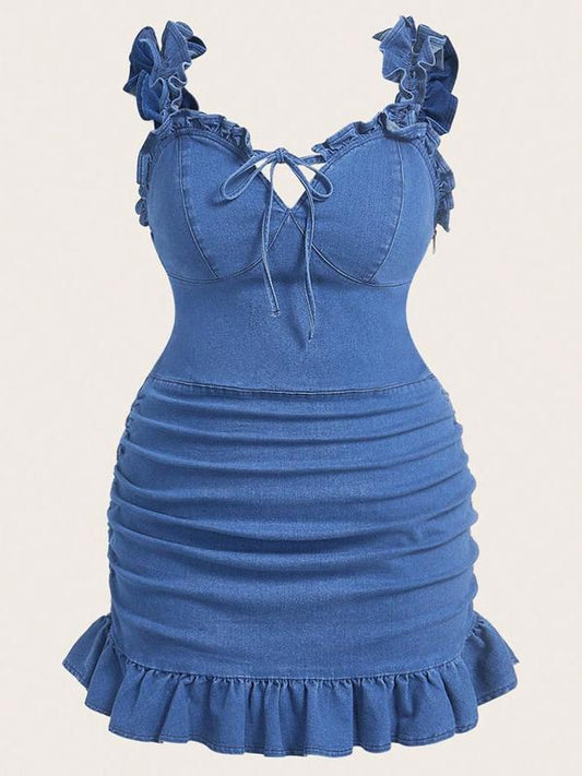 👗 50% DE RÉDUCTION 🏆 Robe en jean bodycon grande taille – Froncée & volantée – Sublime vos courbes – incontournable de l’été 💃✨🌸