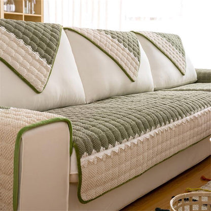 🛋️ 50% DE RÉDUCTION! 🧵 Housse de Canapé Antidérapante en Velours Côtelé – Colour Block avec Dentelle, Douce & Ajustement Universel 🏠