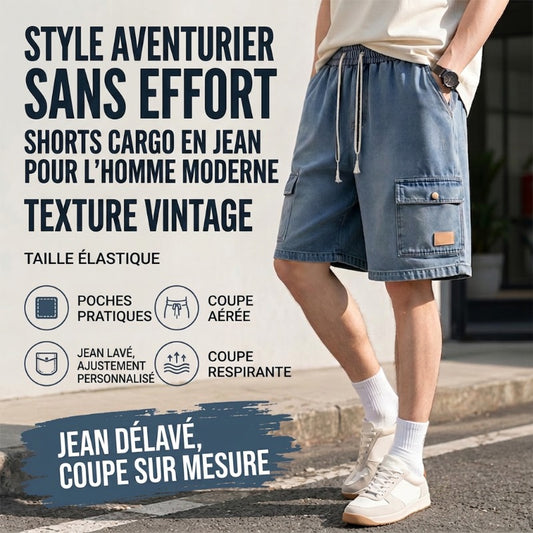 🩳 50% DE RÉDUCTION ✨ Short en jean cargo pour homme – Poches cargo, cordon de serrage & style streetwear tendance – Parfait pour l’été, les festivals ou un look urbain décontracté 🏙️