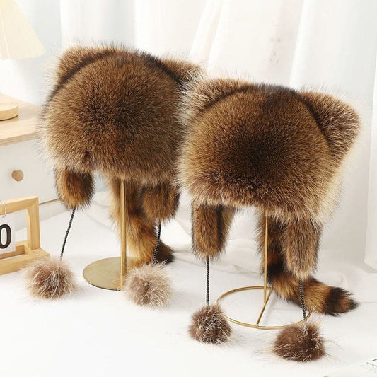 👨‍👧 60% DE RÉDUCTION MAINTENANT ! ✨ Chapeau en Peluche Parent-Enfant - Queue de Raton Laveur Amovible, Parfait pour Activités en Plein Air ❄️✨