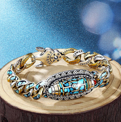 🪬 50% DE RÉDUCTION! ✨ Bracelet Dzi à Neuf Yeux en Turquoise - Mantra Bouddhiste à Six Caractères pour la Protection et l'Équilibre Énergétique 🌟🧿