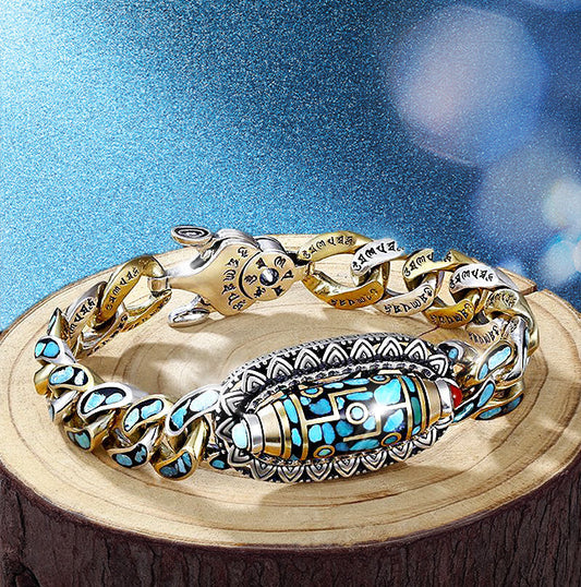 🪬 50% DE RÉDUCTION! ✨ Bracelet Dzi à Neuf Yeux en Turquoise - Mantra Bouddhiste à Six Caractères pour la Protection et l'Équilibre Énergétique 🌟🧿