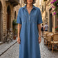 👗 50% DE RÉDUCTION 🔥 Robe-chemise midi en jean pour femme avec poches – Denim souple & coupe décontractée – Idéale pour l’été ou le quotidien – confortable et flatteuse ✨🌸