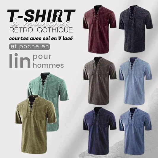 👕 60% DE RÉDUCTION! 🖤 T-shirt Gothique Vintage à Col V pour Hommes – Poche en Lin, Manches Courtes & Coupe Ample 🌑