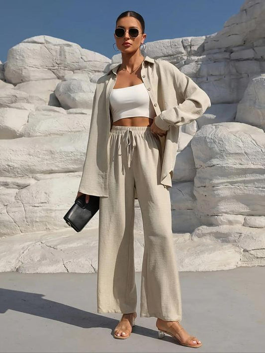 👚 60% DE RÉDUCTION! ✨ Ensemble Deux Pièces pour Femme – Chemise Unie à Boutons & Pantalon à Jambes Larges Noué Devant, Look Tendance & Confortable 🌸