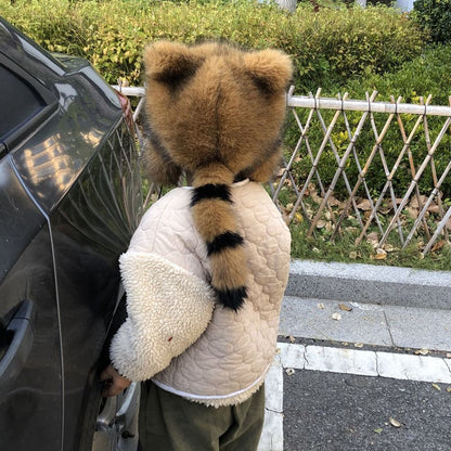 👨‍👧 60% DE RÉDUCTION MAINTENANT ! ✨ Chapeau en Peluche Parent-Enfant - Queue de Raton Laveur Amovible, Parfait pour Activités en Plein Air ❄️✨