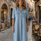 👗 50% DE RÉDUCTION 🔥 Robe-chemise midi en jean pour femme avec poches – Denim souple & coupe décontractée – Idéale pour l’été ou le quotidien – confortable et flatteuse ✨🌸