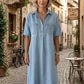 👗 50% DE RÉDUCTION 🔥 Robe-chemise midi en jean pour femme avec poches – Denim souple & coupe décontractée – Idéale pour l’été ou le quotidien – confortable et flatteuse ✨🌸