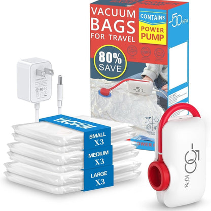 🎒 50% DE RÉDUCTION ✨ Lot de 9 sacs de voyage légers avec pompe électrique USB – Gain de place jusqu’à 80%, sans fuite & parfait pour vêtements, literie ou voyages 🧳