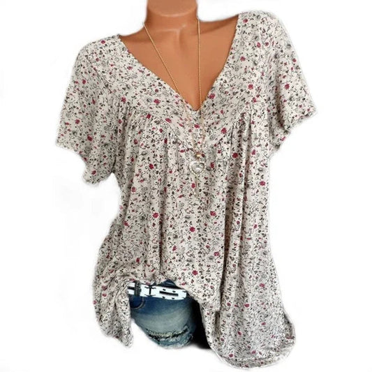 👕 50% DE RÉDUCTION! 🌞 T-Shirt d'Été à Col V pour Femmes – Imprimé Tendance, Manches Courtes & Tissu Léger ✨