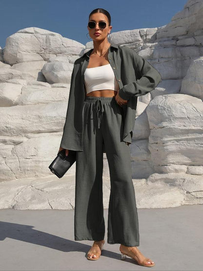 👚 60% DE RÉDUCTION! ✨ Ensemble Deux Pièces pour Femme – Chemise Unie à Boutons & Pantalon à Jambes Larges Noué Devant, Look Tendance & Confortable 🌸