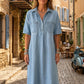 👗 50% DE RÉDUCTION 🔥 Robe-chemise midi en jean pour femme avec poches – Denim souple & coupe décontractée – Idéale pour l’été ou le quotidien – confortable et flatteuse ✨🌸