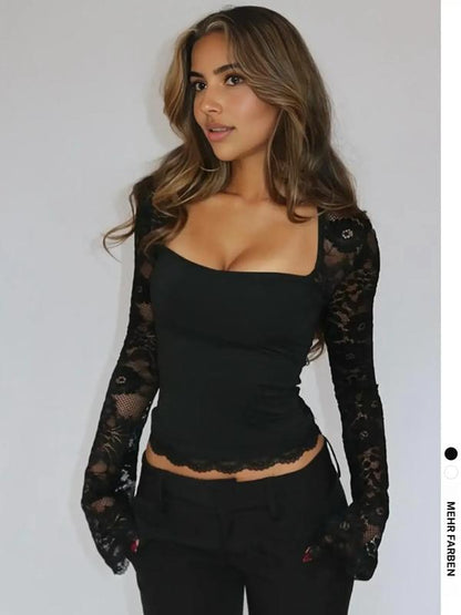 👕 60% DE RÉDUCTION! 🌸 T-shirt Femme Manches Longues Transparentes – Dentelle Florale, Volants Romantiques & Look Tendance ✨