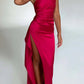 ✨ 50% DE RÉDUCTION! 👗 Robe Longue Fendue en Satin Drapée à une Épaule – Élégante, Coupe Cintrée & Fente Latérale 🌙