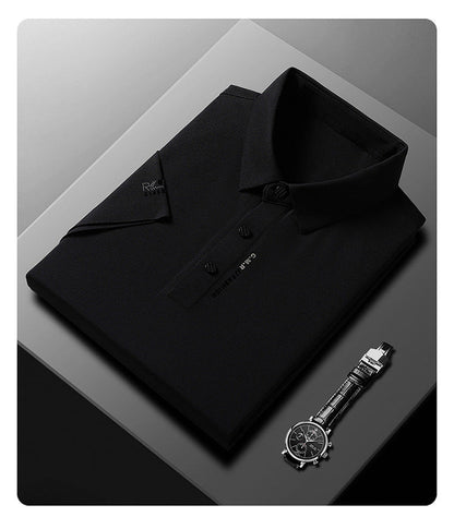 👕 50% DE RÉDUCTION ❄️ Polo manches courtes homme en soie glacée – Double graphisme poitrine & poignets – Respirant, léger & anti-transpirant – parfait pour le sport, le bureau ou l’été 🏌️‍♂️