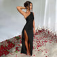 ✨ 50% DE RÉDUCTION! 👗 Robe Longue Fendue en Satin Drapée à une Épaule – Élégante, Coupe Cintrée & Fente Latérale 🌙