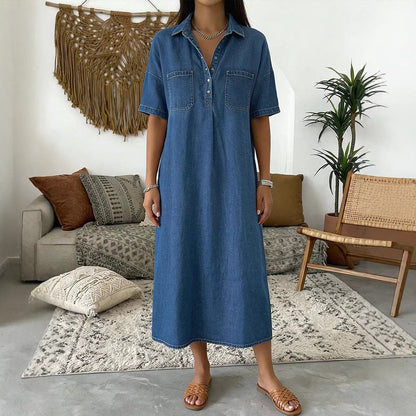 👗 50% DE RÉDUCTION 🔥 Robe-chemise midi en jean pour femme avec poches – Denim souple & coupe décontractée – Idéale pour l’été ou le quotidien – confortable et flatteuse ✨🌸