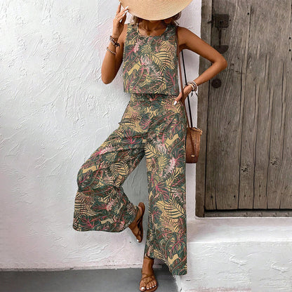 👚 50% DE RÉDUCTION 🌸 Ensemble femme imprimé : débardeur & pantalon large – Tissu fluide & respirant – Parfait pour l'été, les vacances ou un look bohème chic au quotidien 👖