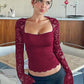 👕 60% DE RÉDUCTION! 🌸 T-shirt Femme Manches Longues Transparentes – Dentelle Florale, Volants Romantiques & Look Tendance ✨