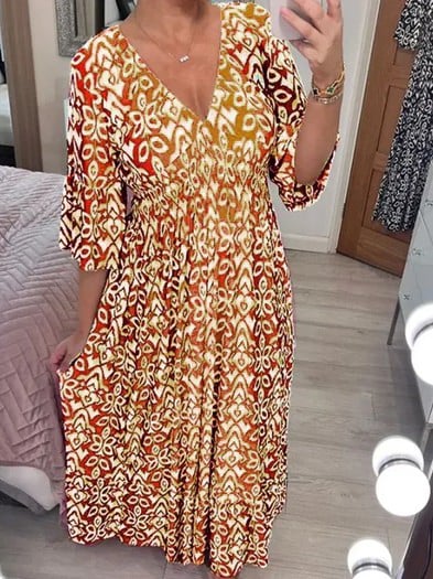 👗 50% DE RÉDUCTION 🔥 Robe longue imprimée col V ceinturée – Tissu fluide & léger – Parfaite pour l’été, la plage ou les soirées bohèmes 🌸🌴✨