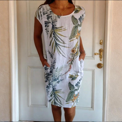 🌷 50% DE RÉDUCTION ! 🍀 Robe à Col Rond à Imprimé Botanique – Vente de Printemps – Tissu Léger, Motif Naturel & Coupe Décontractée 🌸