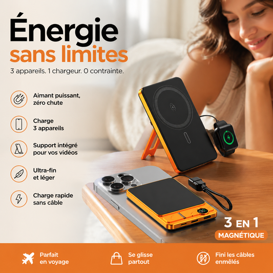 🔋 50% DE RÉDUCTION ✨ Chargeur portable magnétique 3 en 1 – Sans fil & support intégré – Ultra-fin, idéal pour iPhone, montre ou écouteurs – recharge rapide et nomade 📱⌚🎧✨