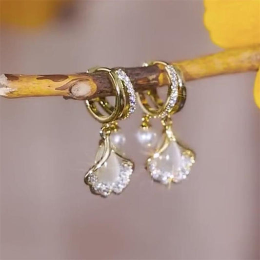 🍂 50% DE RÉDUCTION ! ✨ Boucles d'oreilles feuille d'abricot – Détails délicats, Perles d'imitation & Style naturel 🍃