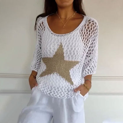🔥Fête des mères - 59% de réduction🔥Haut en résille tricoté au crochet à col rond pour femmes