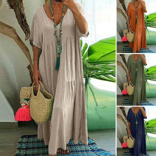👗 50% DE RÉDUCTION 🌸 Robe longue décontractée femme – Col V, coupe ample & coton doux – Parfaite pour l’été, les journées chaudes ou un look décontracté chic – légère, respirante et facile à porter ✨🌿