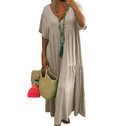 👗 50% DE RÉDUCTION 🌸 Robe longue décontractée femme – Col V, coupe ample & coton doux – Parfaite pour l’été, les journées chaudes ou un look décontracté chic – légère, respirante et facile à porter ✨🌿