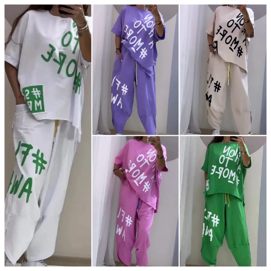 🌸 60% DE RÉDUCTION ! 👚 Costume Deux Pièces Décontracté avec Motif & Encolure Ronde – Nouveautés Été – Tissu Léger, Look Décontracté & Confortable 👖