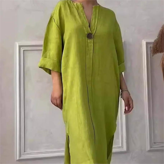 👗 60% DE RÉDUCTION! 🌸 Robe Décontractée à Col V – Tissu Respirant, Manches 3/4 & Coupe Fluide ✨