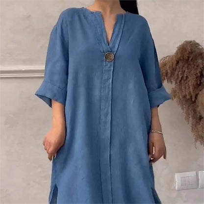 👗 60% DE RÉDUCTION! 🌸 Robe Décontractée à Col V – Tissu Respirant, Manches 3/4 & Coupe Fluide ✨