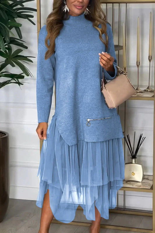 🔥🔥Women's Casual Solid Color Mesh Patchwork Dress