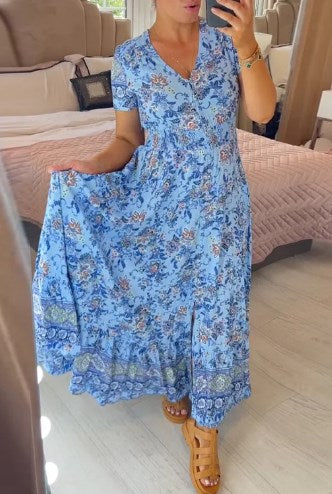 👗 60% DE RÉDUCTION ! 💃 Robe Longue à Col en V Imprimée – Coupe Élégante, Tissu Confortable & Style Polyvalent ✨