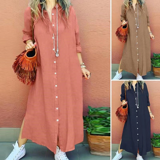 👗 50% DE RÉDUCTION 👔 Robe chemise maxi femme – Col revers, manches longues & coupe ample – Fluide, élégante & parfaite pour un look chic au quotidien ou au bureau 🌸
