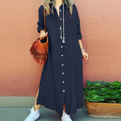 👗 50% DE RÉDUCTION 👔 Robe chemise maxi femme – Col revers, manches longues & coupe ample – Fluide, élégante & parfaite pour un look chic au quotidien ou au bureau 🌸