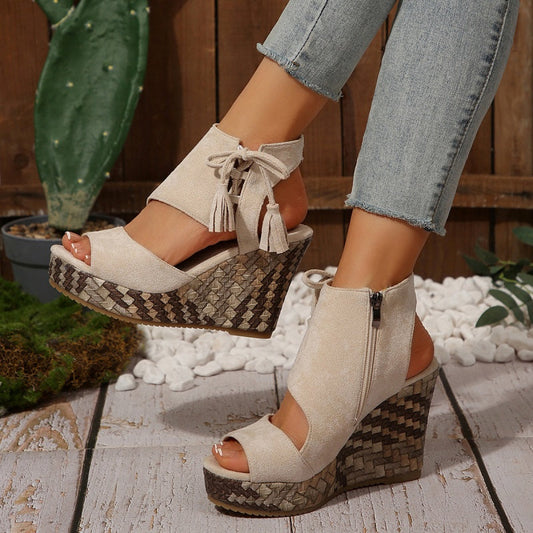 👡 50% DE RÉDUCTION! 🌸 Sandales Compensées à Bout Ouvert & Pompon pour Femme – Style Bohème, Légères & Parfaites Pour Un Look Estival ☀️