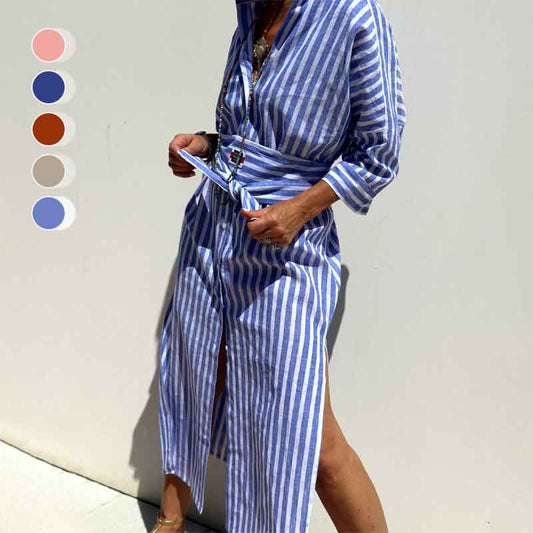 👗 60% DE RÉDUCTION ! ✨ Robe Chemise Ample Rayée à Demi-Manches – Coupe Décontractée, Tissu Léger & Look Intemporel 🌊