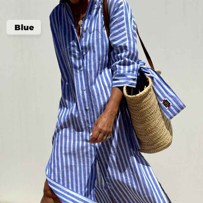 👗 60% DE RÉDUCTION ! ✨ Robe Chemise Ample Rayée à Demi-Manches – Coupe Décontractée, Tissu Léger & Look Intemporel 🌊