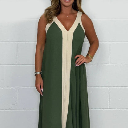 🔥Robe longue sans manches à col en V avec blocs de couleur pour femmes