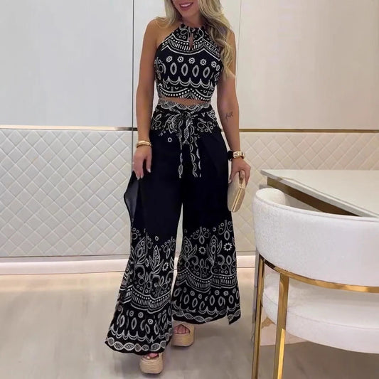 Ensemble femme vintage à motifs ethniques, haut sans manches à dos nu et pantalon large
