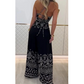 Ensemble femme vintage à motifs ethniques, haut sans manches à dos nu et pantalon large