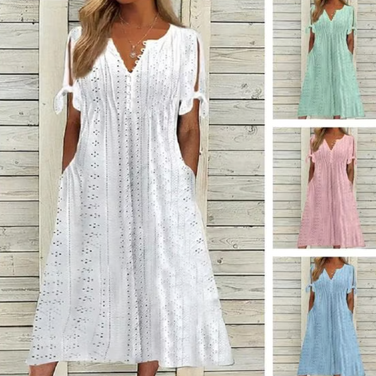 👗 50% DE RÉDUCTION ✨ Robe élégante femme avec décolleté en V et découpes – Taille fluide, respirante & parfaite pour les soirées d’été ou les occasions spéciales 💃