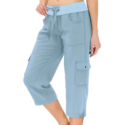👖 50% DE RÉDUCTION 💐 Pantalon cargo 3/4 taille haute – Cordon de serrage ajustable – Confort total, look décontracté & pratique – parfait pour le sport, les voyages ou le quotidien 🌿🌸