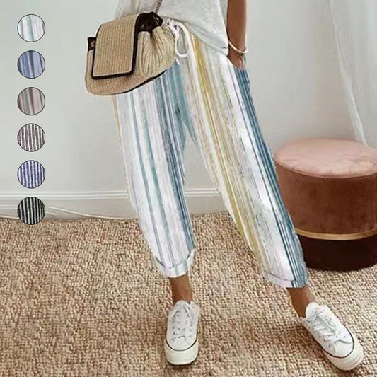 👖 50% DE RÉDUCTION 🌿 Pantalon rayé lin & coton femme – Taille élastiquée & jambes larges – Respirant, 6 coloris, tailles M-3XL – parfait pour le quotidien, les vacances ou les voyages ✨
