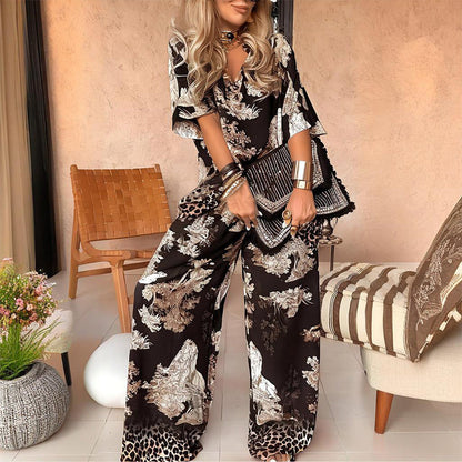 🌸 50% DE RÉDUCTION ✨ Haut imprimé à col en V + pantalon long – Style élégant et léger pour l'été, confortable & tendance 👖