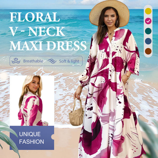👗 60% DE RÉDUCTION! 🌸 Robe Longue à Col V pour Femmes – Motif Floral, Tissu Fluide & Parfaite pour l'Été ☀️