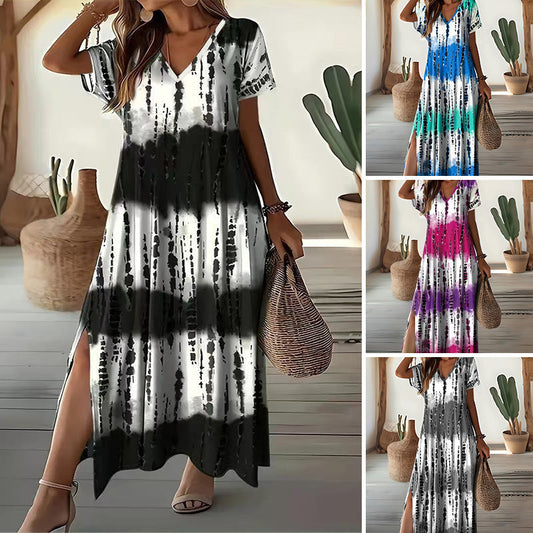 🌸 50% DE RÉDUCTION! 👗 Robe Dégradée Col en V – Tissu doux, fentes latérales & coupe flatteuse – Parfaite pour l'été, les vacances & les soirées 🌅